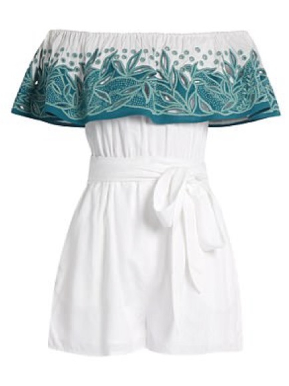 Mara Hoffman White Off-Shoulder Romper with Teal Embroidered Ruffle